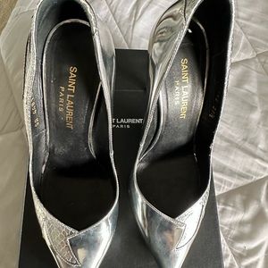 YSL silver patent leather heels